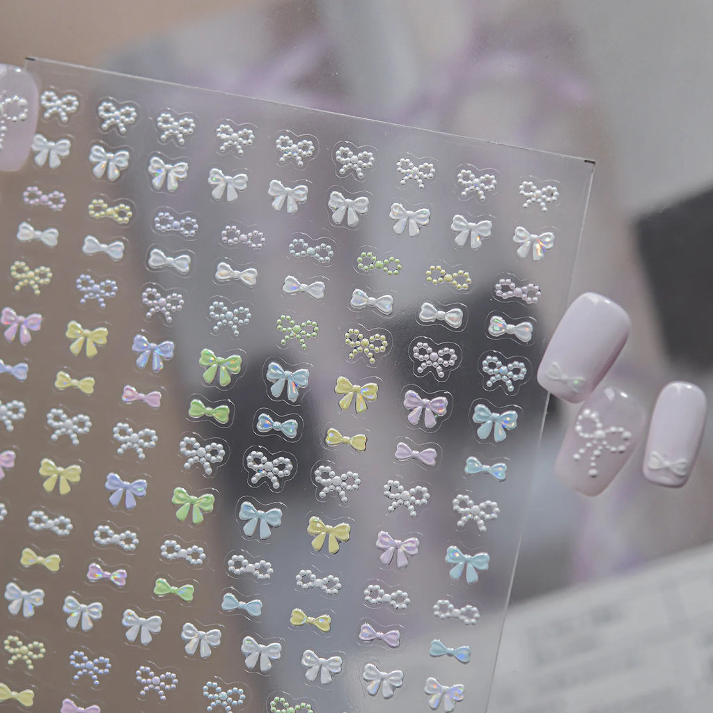 5D Bow Nail Stickers | Pearl Macaron French Style Decals Nail Art Stickers QXL