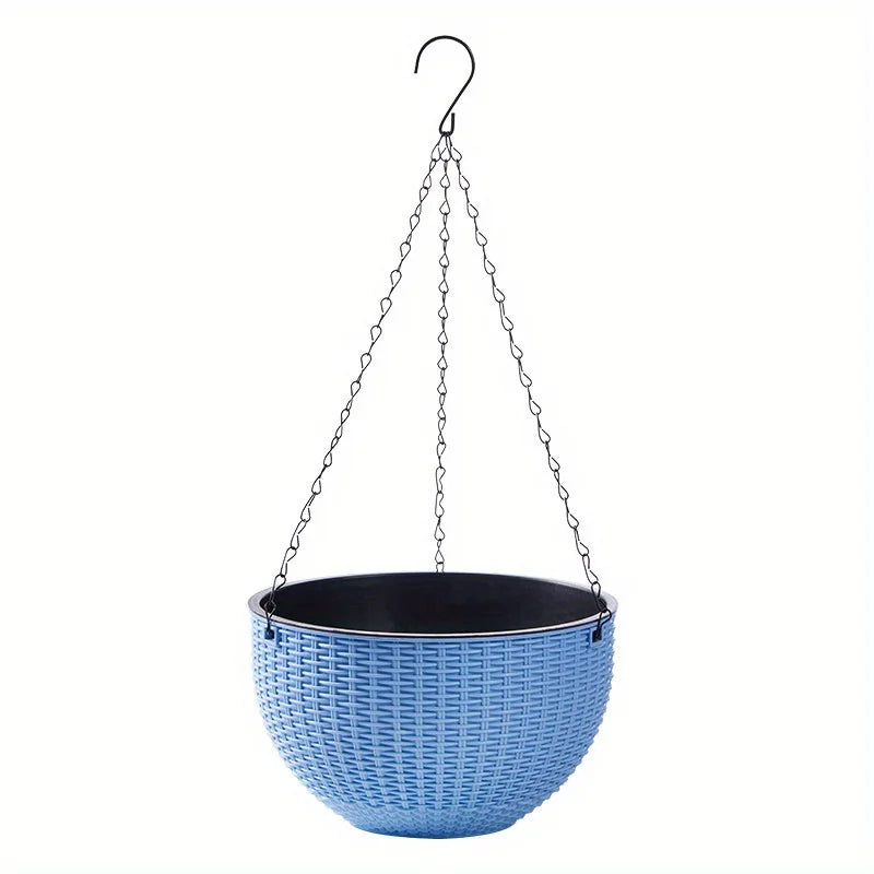 Self-Watering Hanging Planter | Rattan Design | Easy Drain Hanging Planter QXL Blue