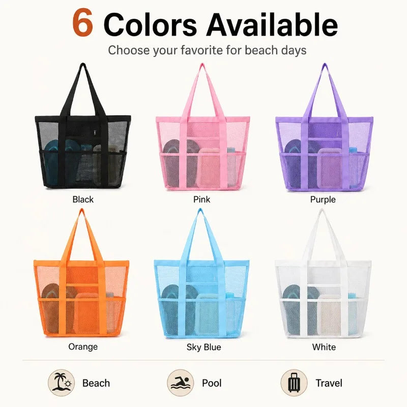 Large Mesh Beach Bag Tote – 8 Pockets, Quick-Dry Pool Organizer Mesh Beach Tote QXL