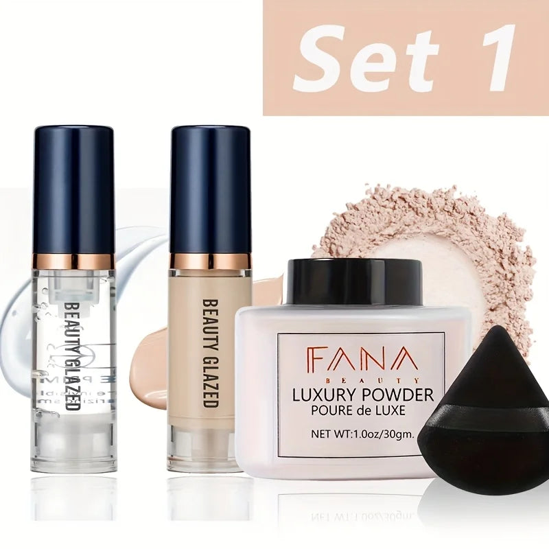4-Piece Travel Makeup Set | Foundation, Primer, Powder & Sponge Makeup Combo Set QXL SET 1