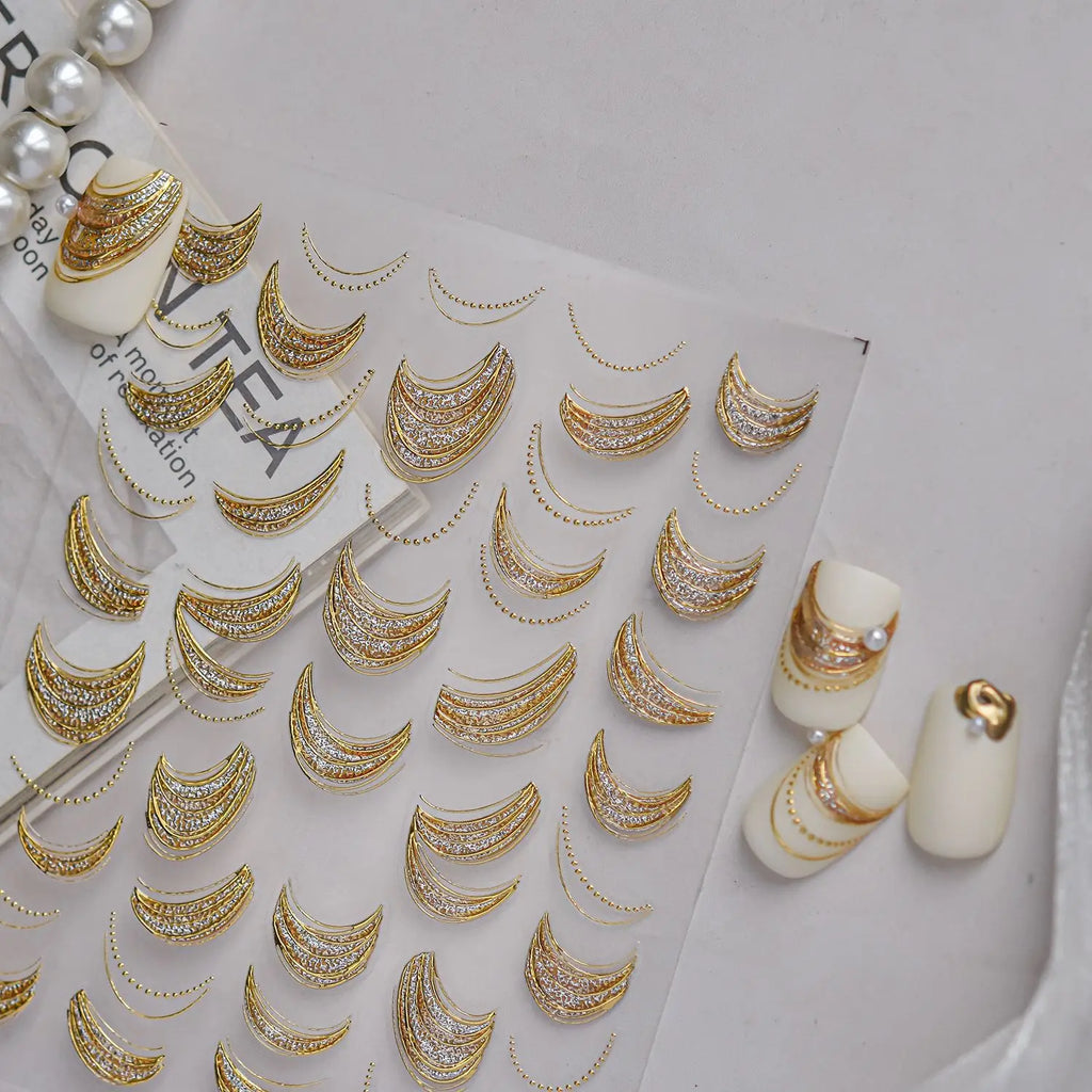 5D French Nail Stickers | Gold Border Crescent Bead Chain Decals Nail Art Stickers QXL