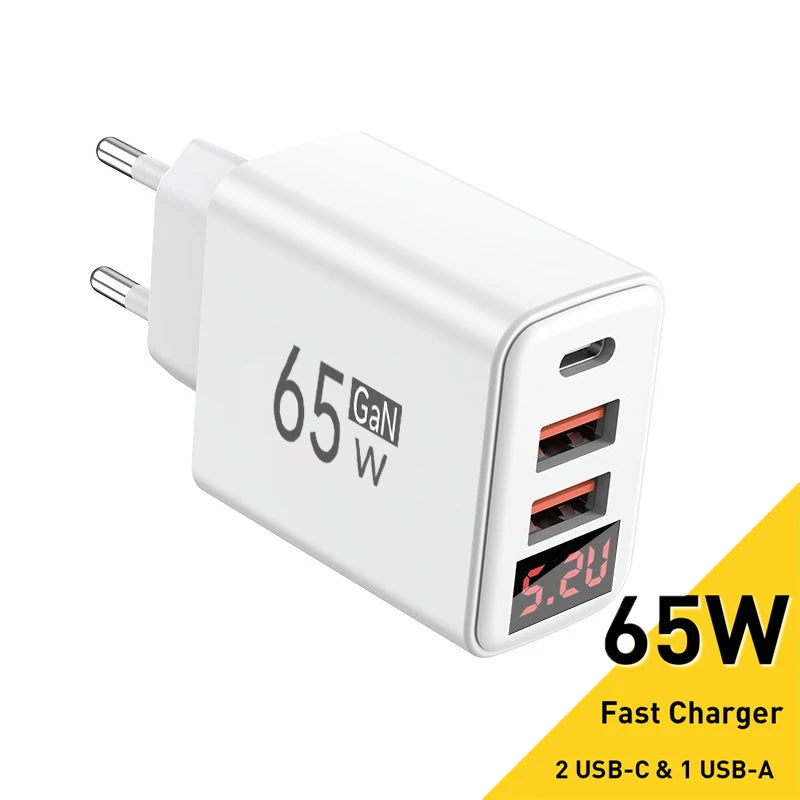 65W GaN USB-C Charger LED Display QC3.0 PD | EU US UK Plug USB-C Wall Charger QXL