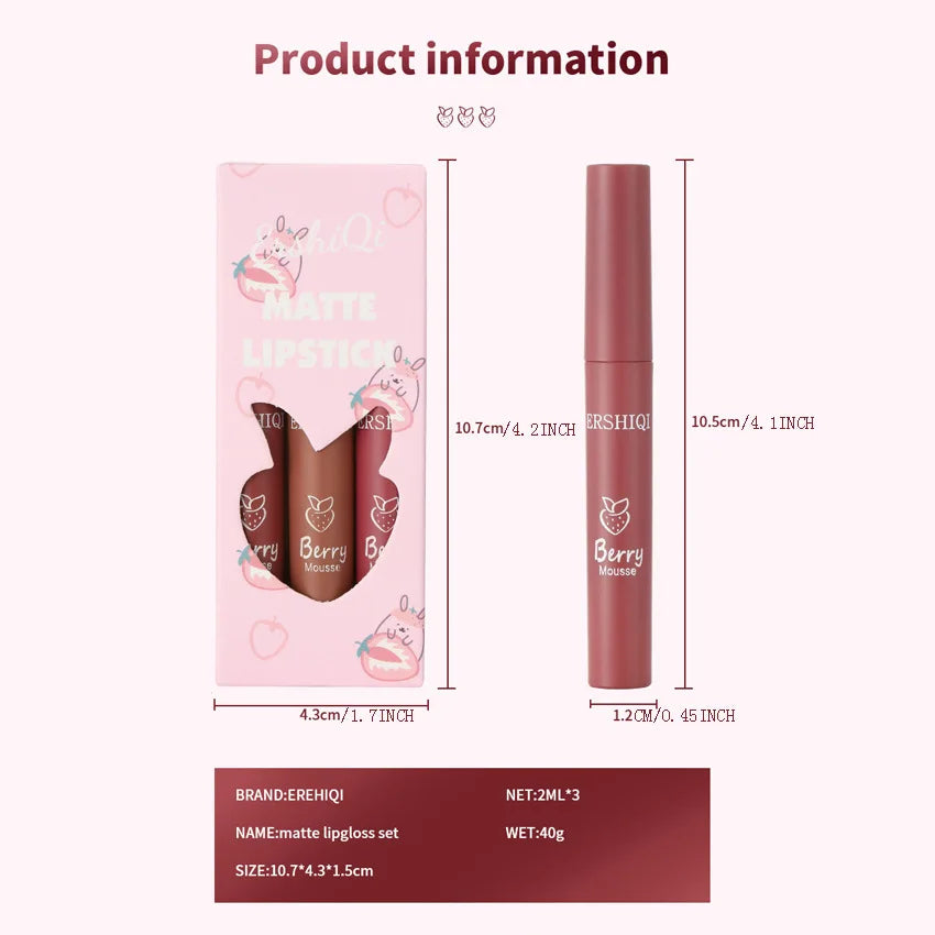3-Piece Matte Velvet Lip Glaze Set | Nude Long-Lasting Lip Gloss Matte Lip Glaze Set QXL