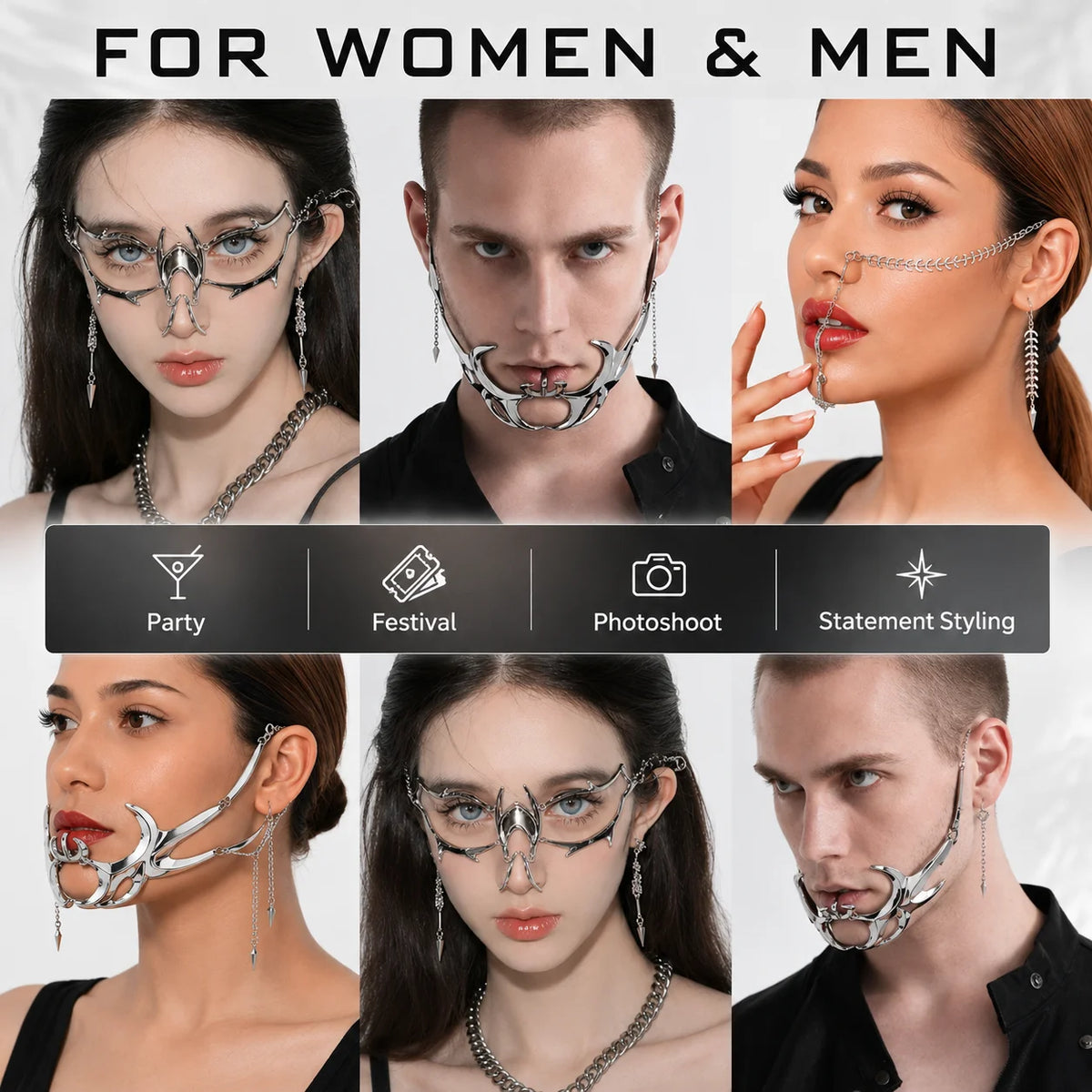 Gothic Cyberpunk Silver Hollow Face Jewelry | Festival Cosplay Cyberpunk Face Jewelry QXL