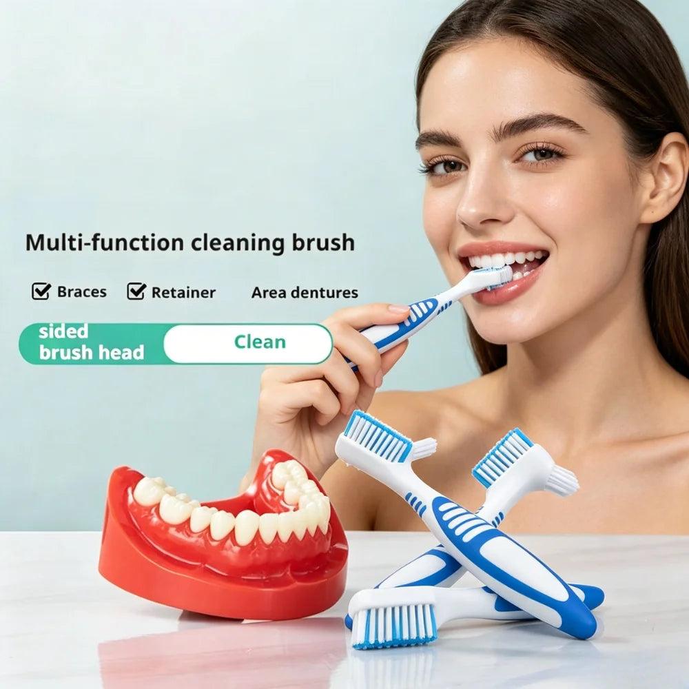 Dual-Head Denture Toothbrush | Cleans False Teeth & Braces Denture Toothbrush QXL