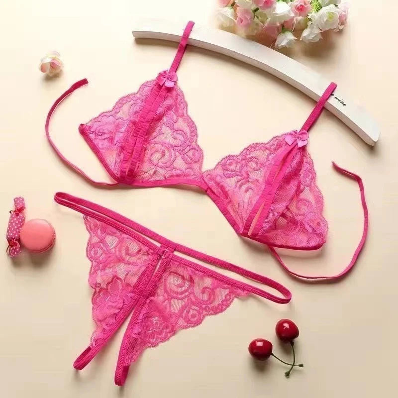 Women's Lace Transparent Three-Piece Lingerie Set Lingerie Set QXL One Size Rose Red