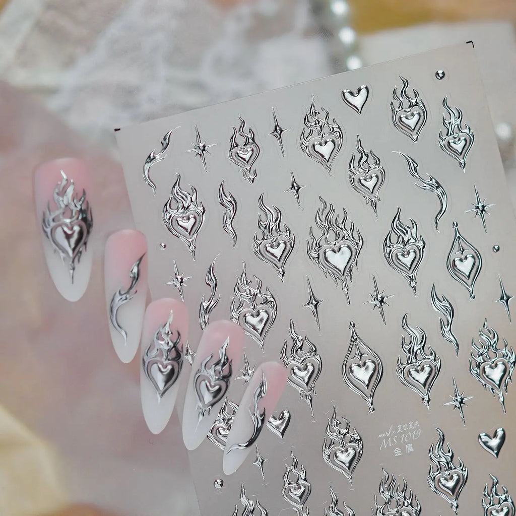 5D Silver Nail Stickers – Flame, Star & Rivet Nail Decals Nail Art Stickers QXL
