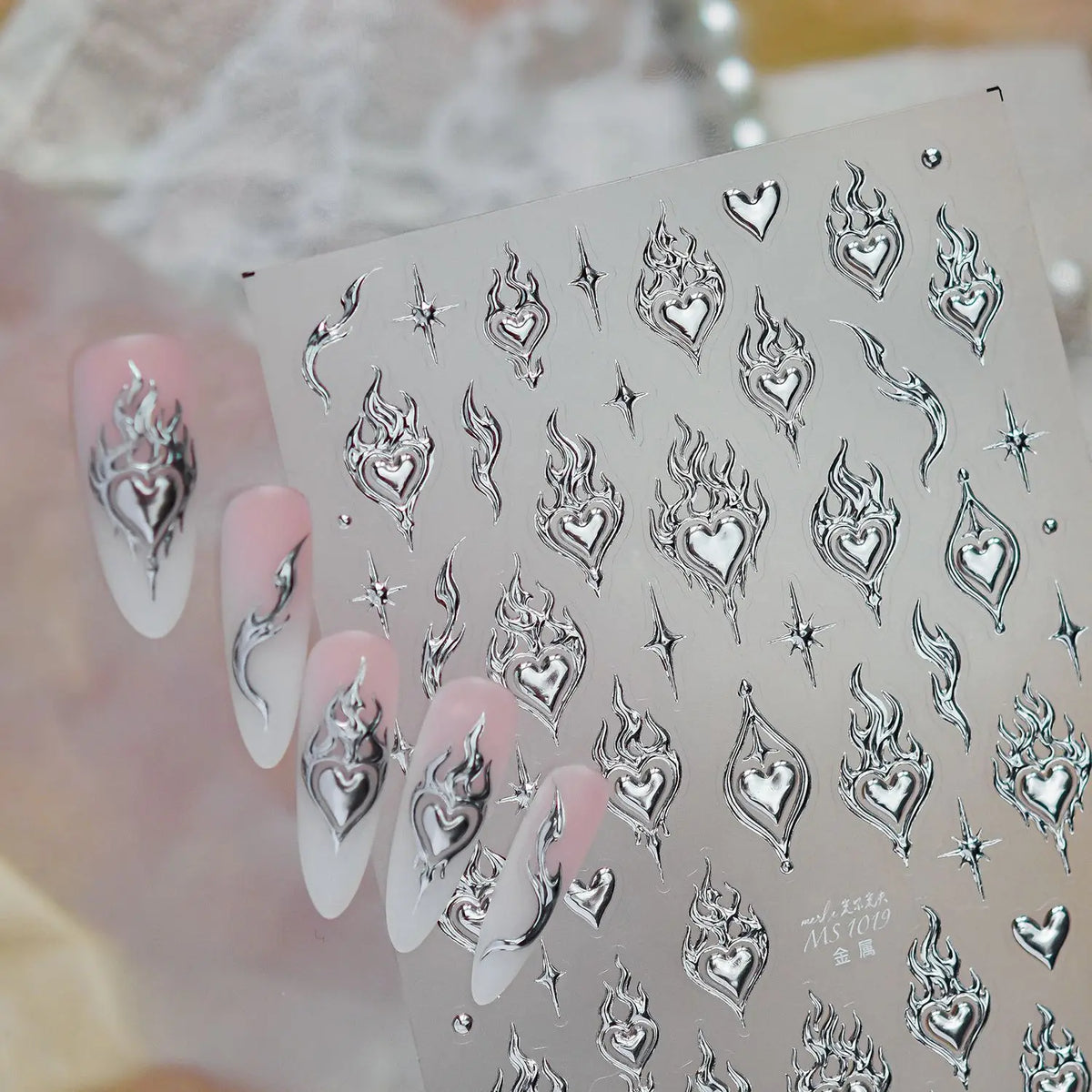 5D Silver Nail Stickers – Flame, Star & Rivet Nail Decals Nail Art Stickers QXL