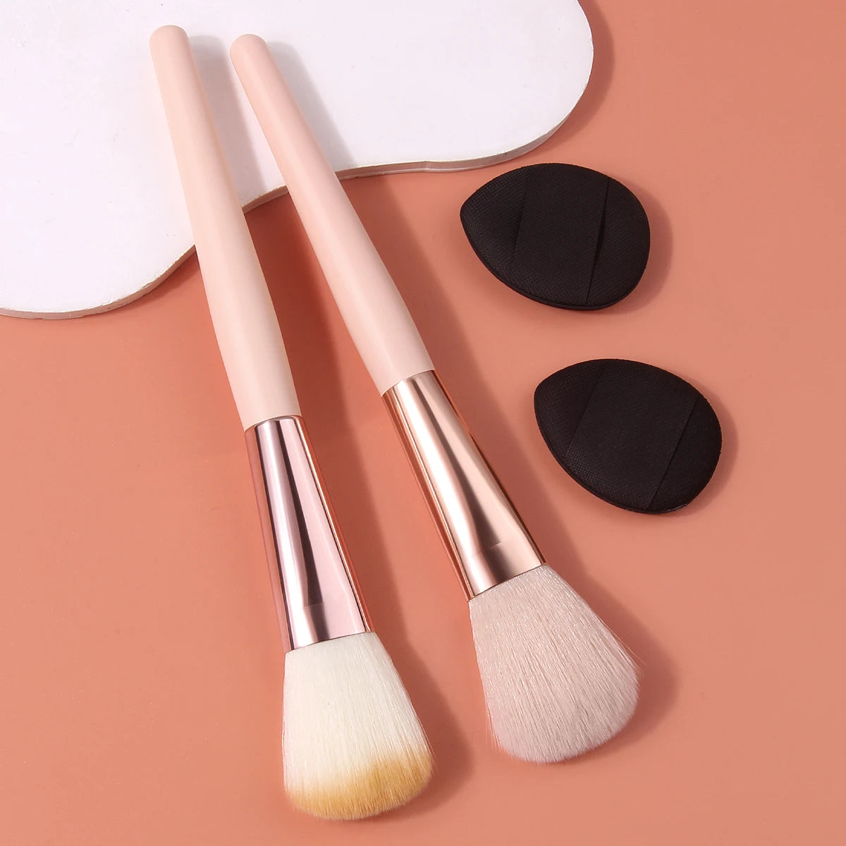 4-Piece Blush Brush & Powder Puff Set | Pink Wood Handles Makeup Brush Set QXL