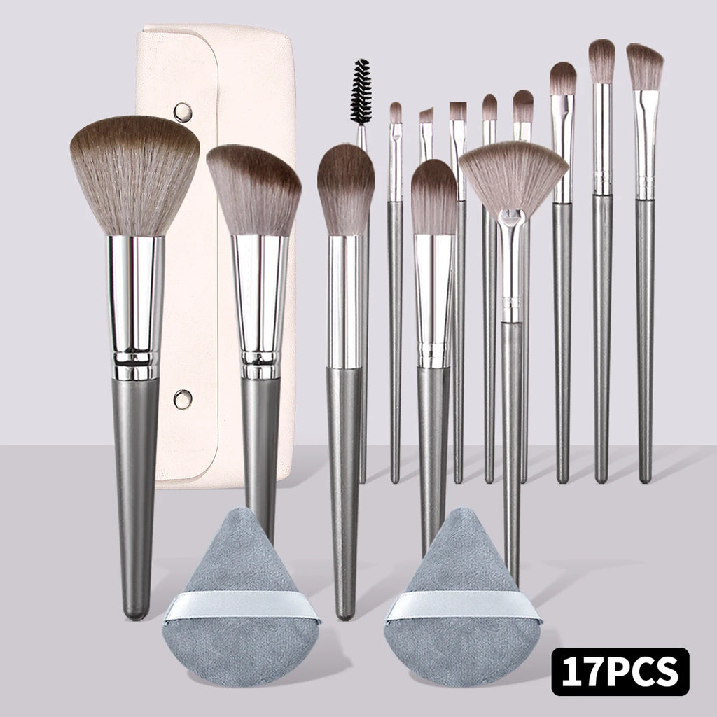 KOSSHOW 17-Pc Grey Makeup Brush Set with PU Travel Pouch Makeup Brush Set QXL Silver