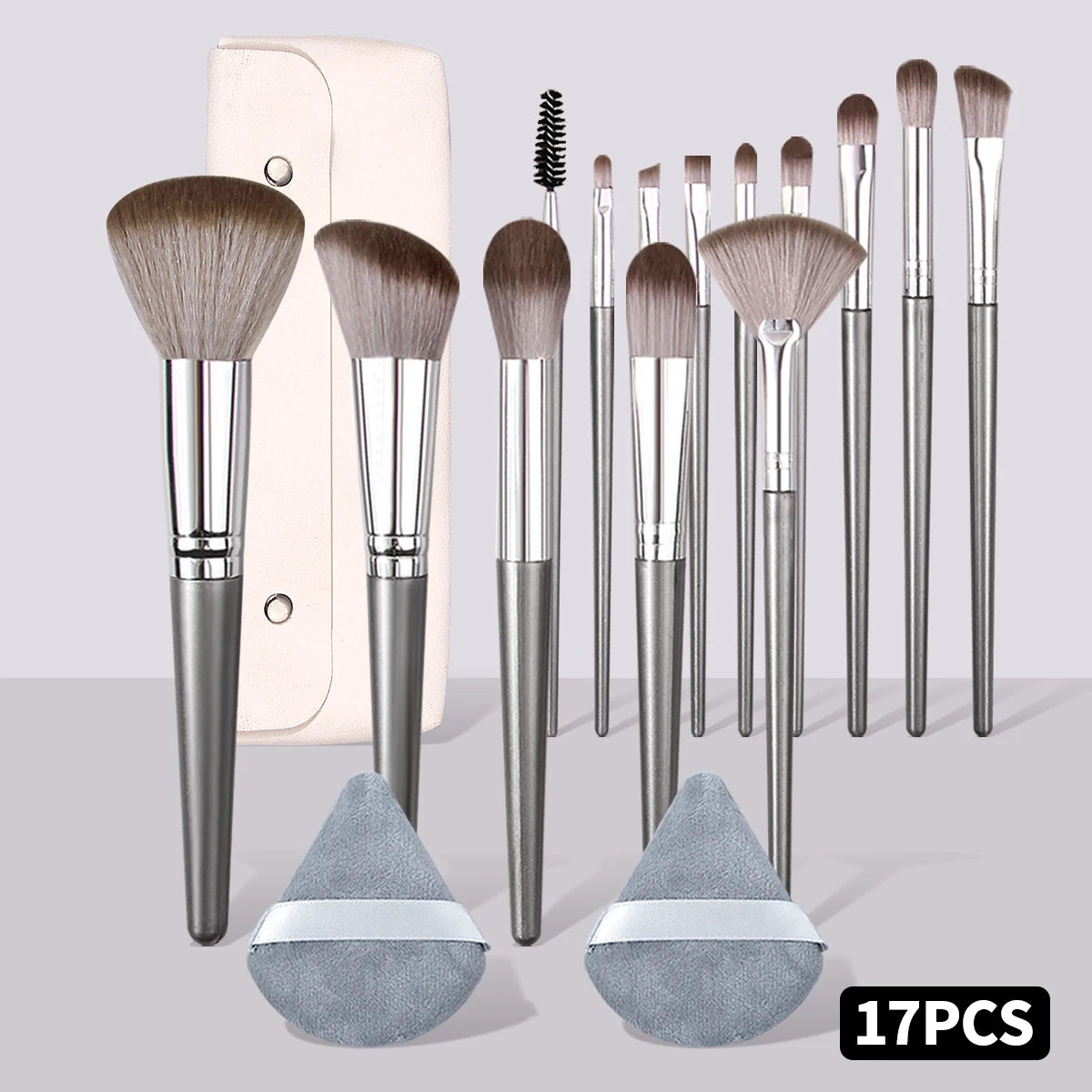 KOSSHOW 17-Pc Grey Makeup Brush Set with PU Travel Pouch Makeup Brush Set QXL Silver