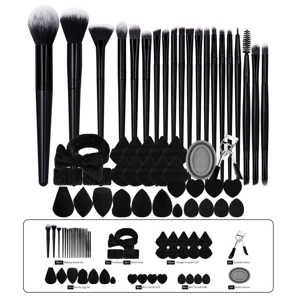 MAANGE 50-Pc Makeup Kit | Brushes, Puffs & Accessories Set Makeup Brush Kit QXL Black