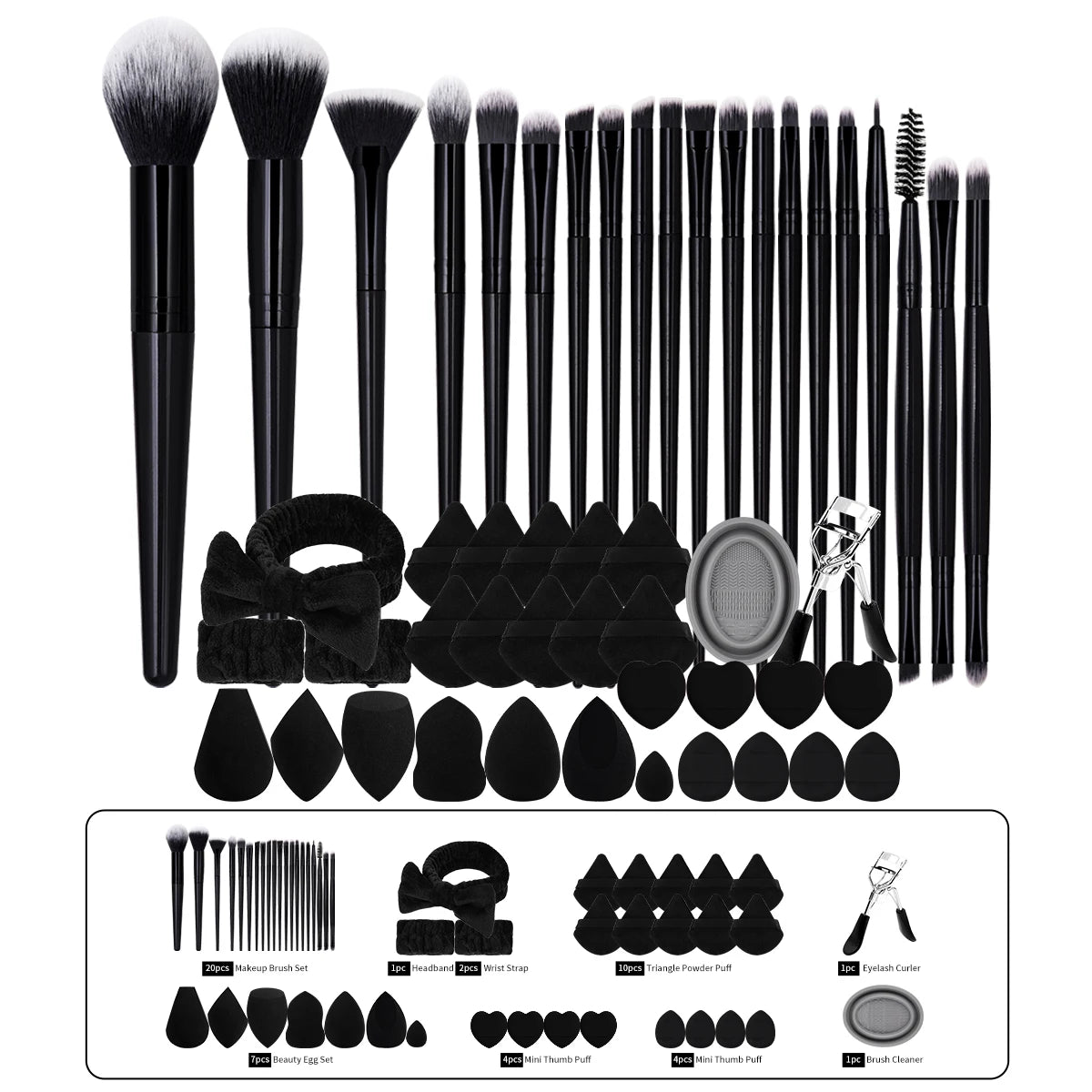 MAANGE 50-Pc Makeup Kit | Brushes, Puffs & Accessories Set Makeup Brush Kit QXL Black