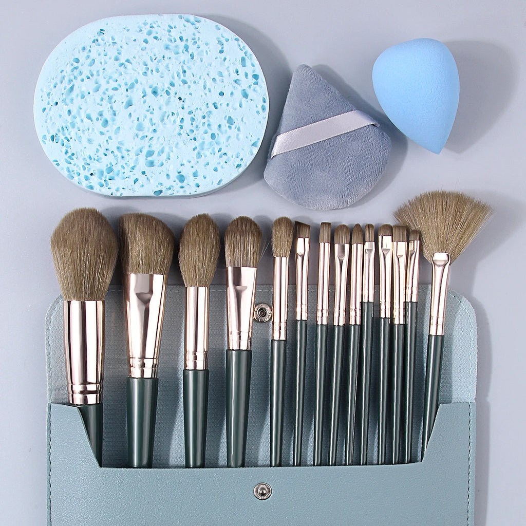 18-Piece Dark Green Makeup Brush Kit with Storage Bag Makeup Brush Set QXL