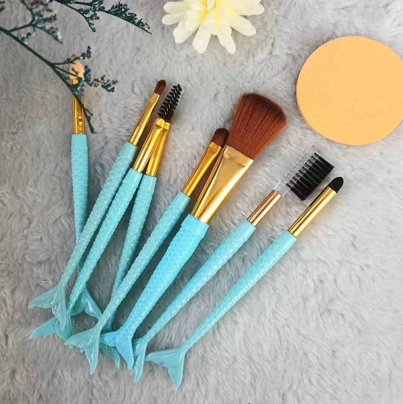 8-Pc Mini Mermaid Tail Makeup Brush Set with Powder Puff Makeup Brush Set QXL