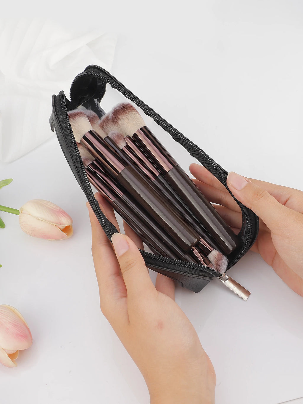 Clear PU Leather Makeup Brush Bag | Travel Cosmetic Organizer Makeup Brush Bag QXL