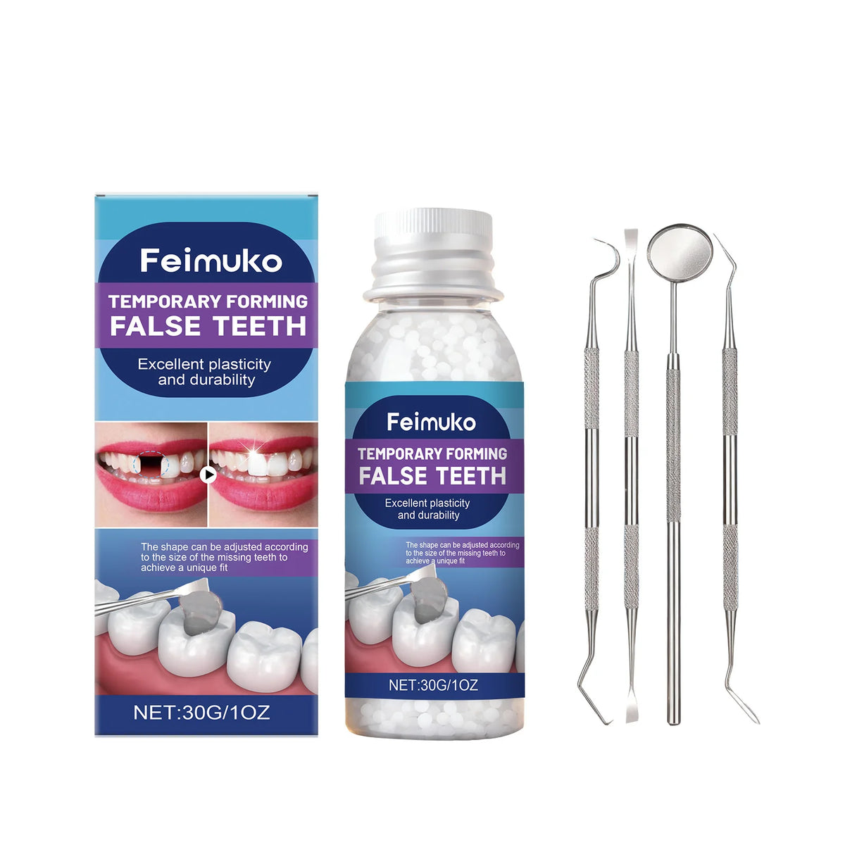 Feimuko Moldable Temporary False Teeth | Shapeable Denture Kit Moldable Denture Kit QXL 30g and Accessories