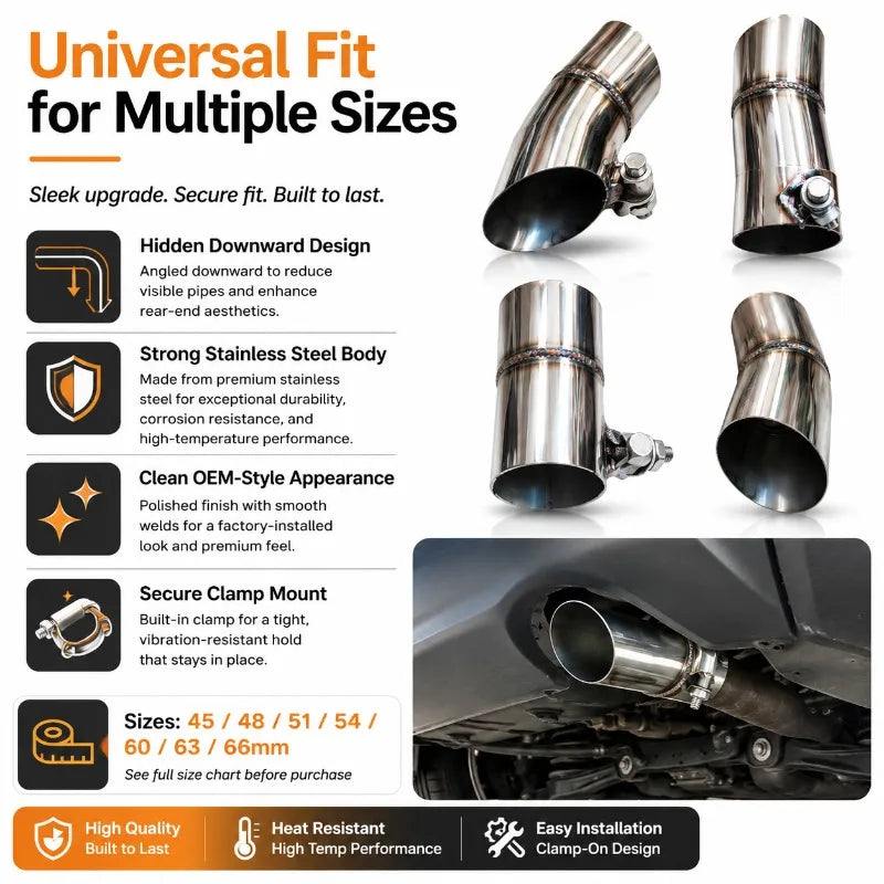 Downturned Exhaust Tip Stainless Steel Clamp-On 45–66mm Exhaust Tail Tip QXL