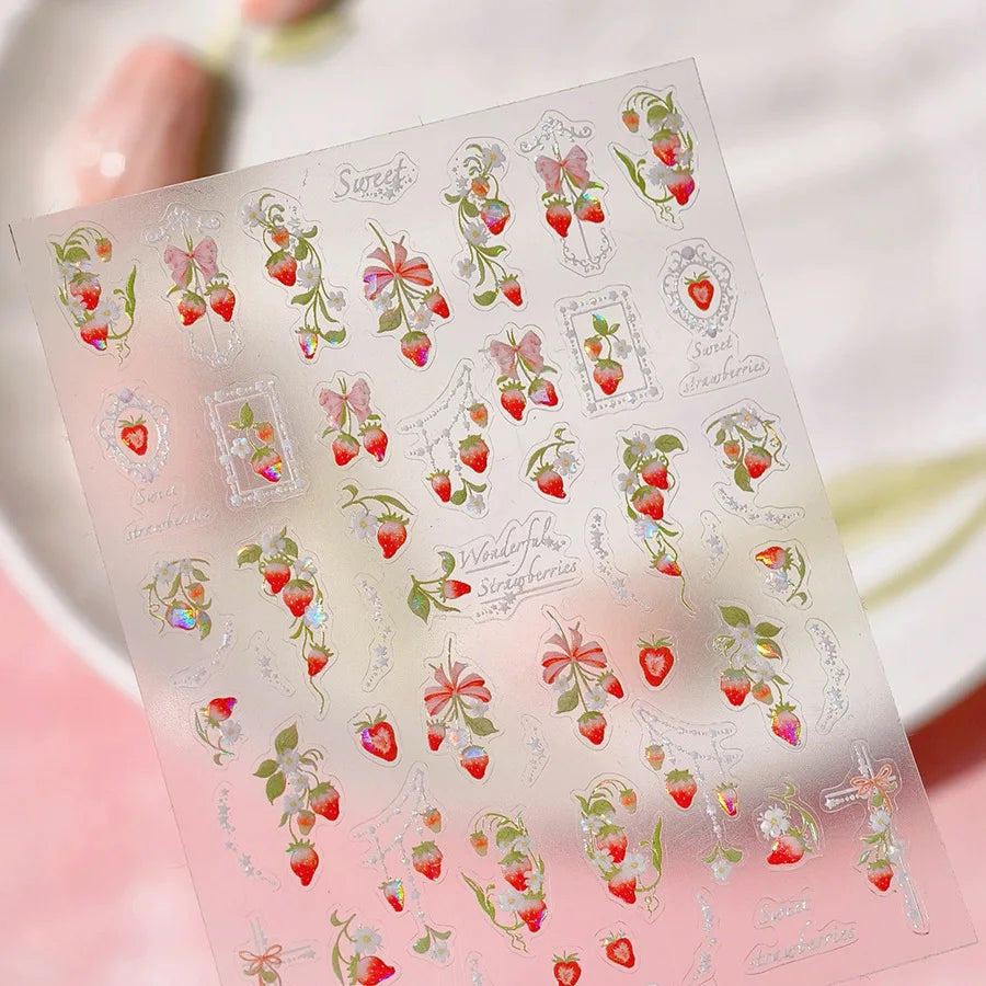5D Strawberry Nail Stickers | Bow Pearl Self-Adhesive Decals Nail Art Stickers QXL M993