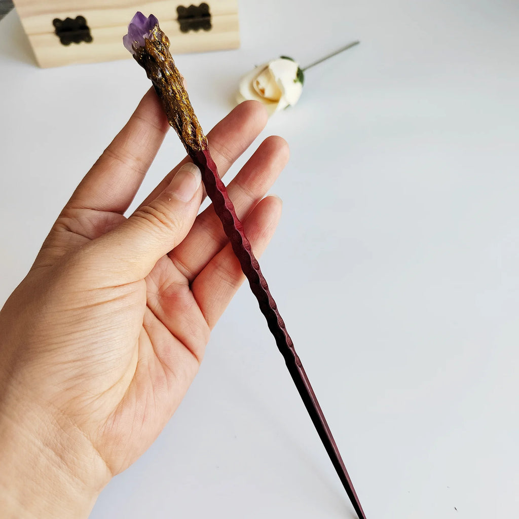 Sandalwood & Amethyst Magic Wand Hair Pin | Wooden Hairpin Crystal Hair Pin QXL Default Title