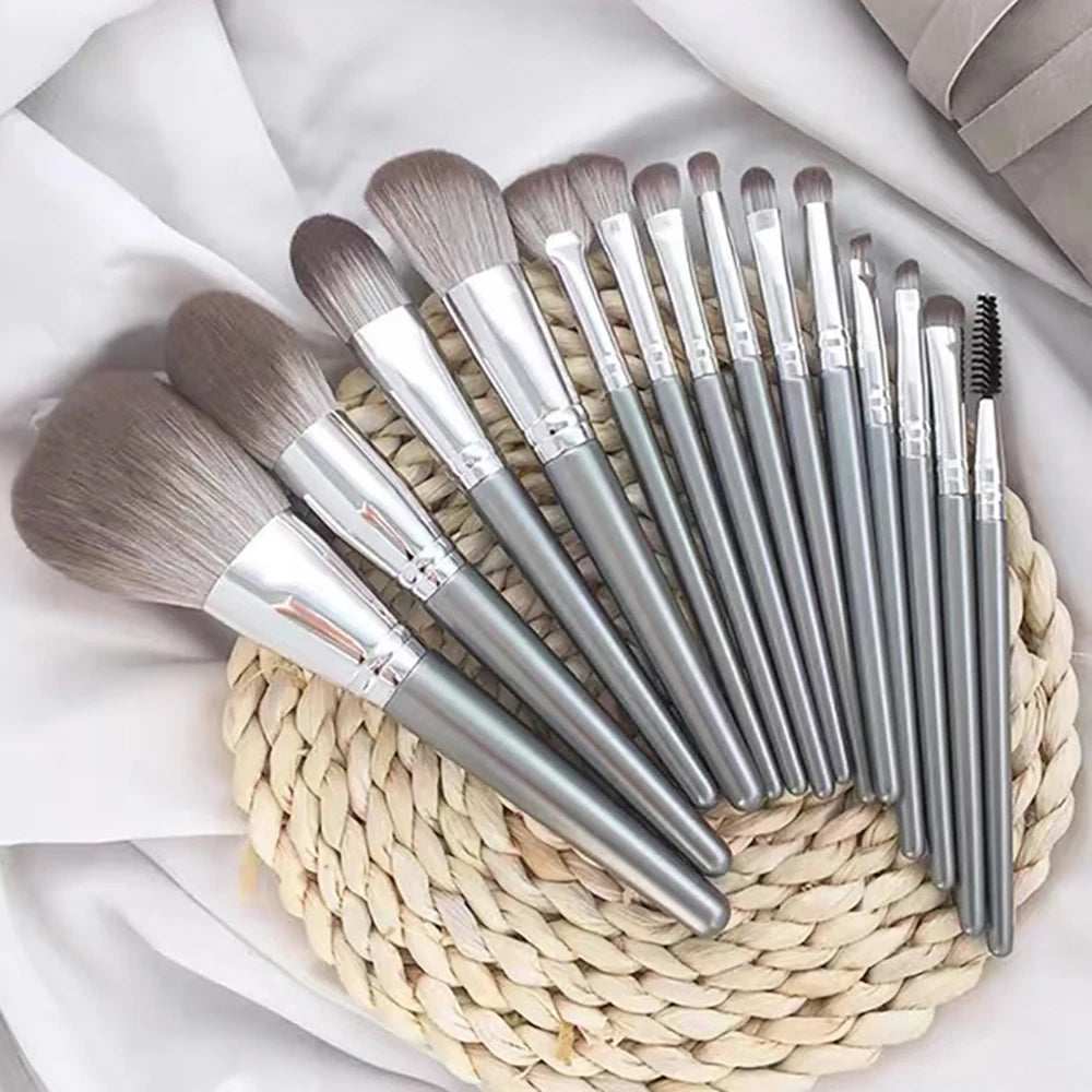 14-Piece Silver Makeup Brush Set | Face & Eye Brushes Makeup Brush Set QXL