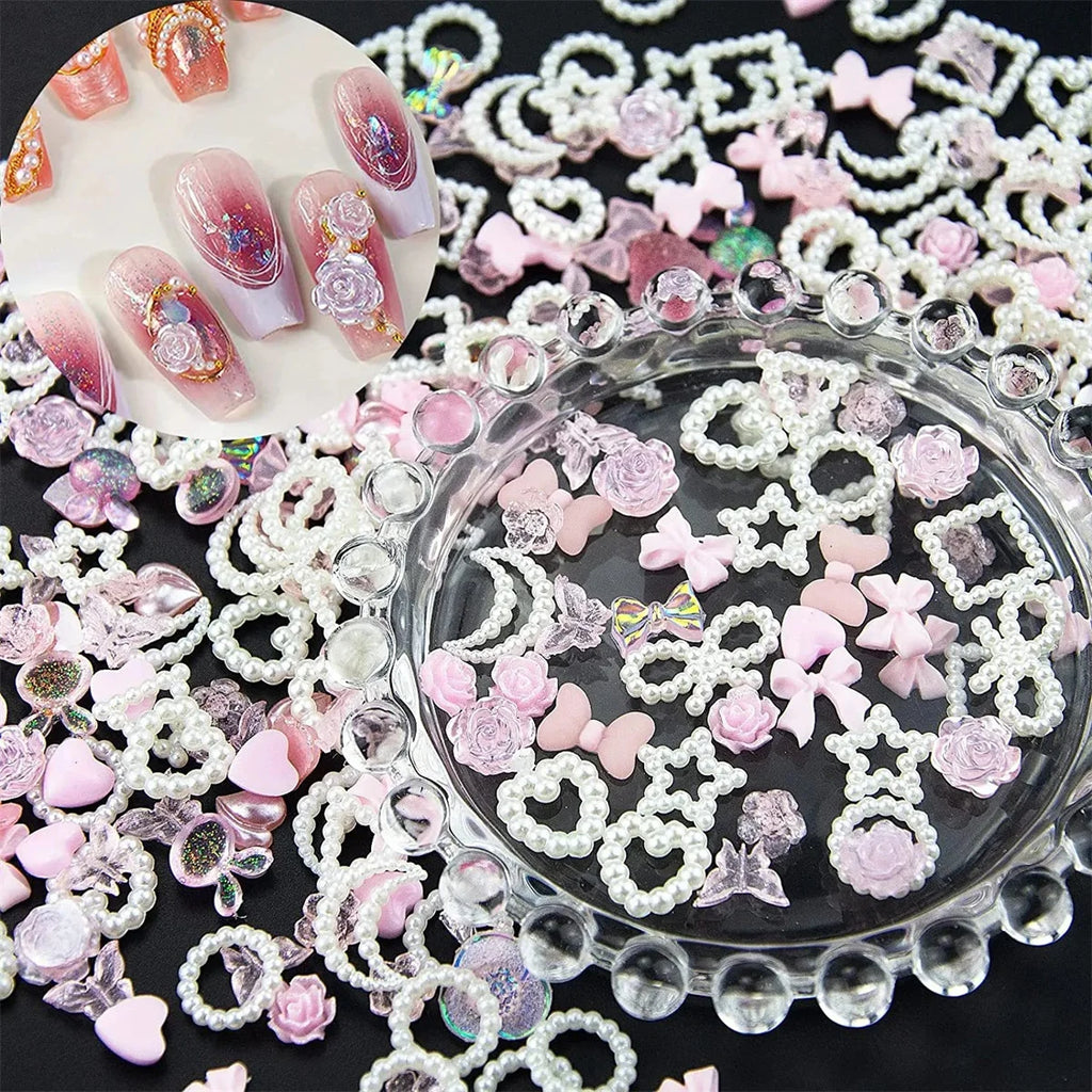 50-Pack 3D Kawaii Resin Nail Art Charms | Pink DIY Decor Nail Art Charms QXL