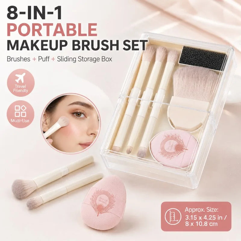 8-in-1 Portable Makeup Brush Set with Sliding Storage Box Makeup Brush Set QXL