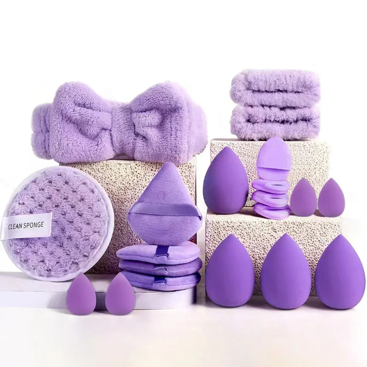 20-Pc Purple Makeup Sponge Puff Kit | Headband & Wristband Makeup Sponge Kit QXL