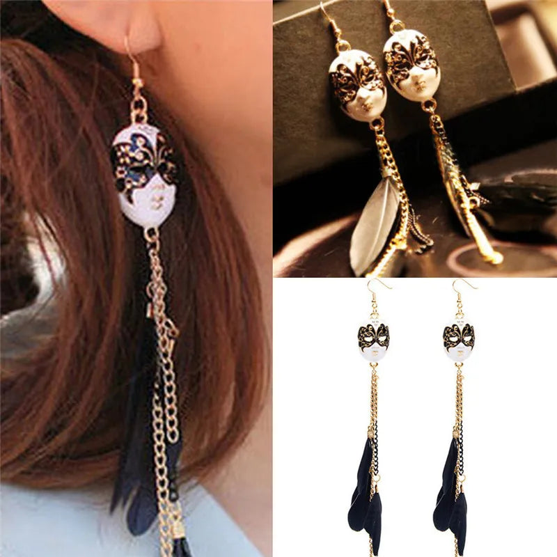 Baroque Feather Tassel Mask Long Drop Earrings – Gold Drop Earrings QXL