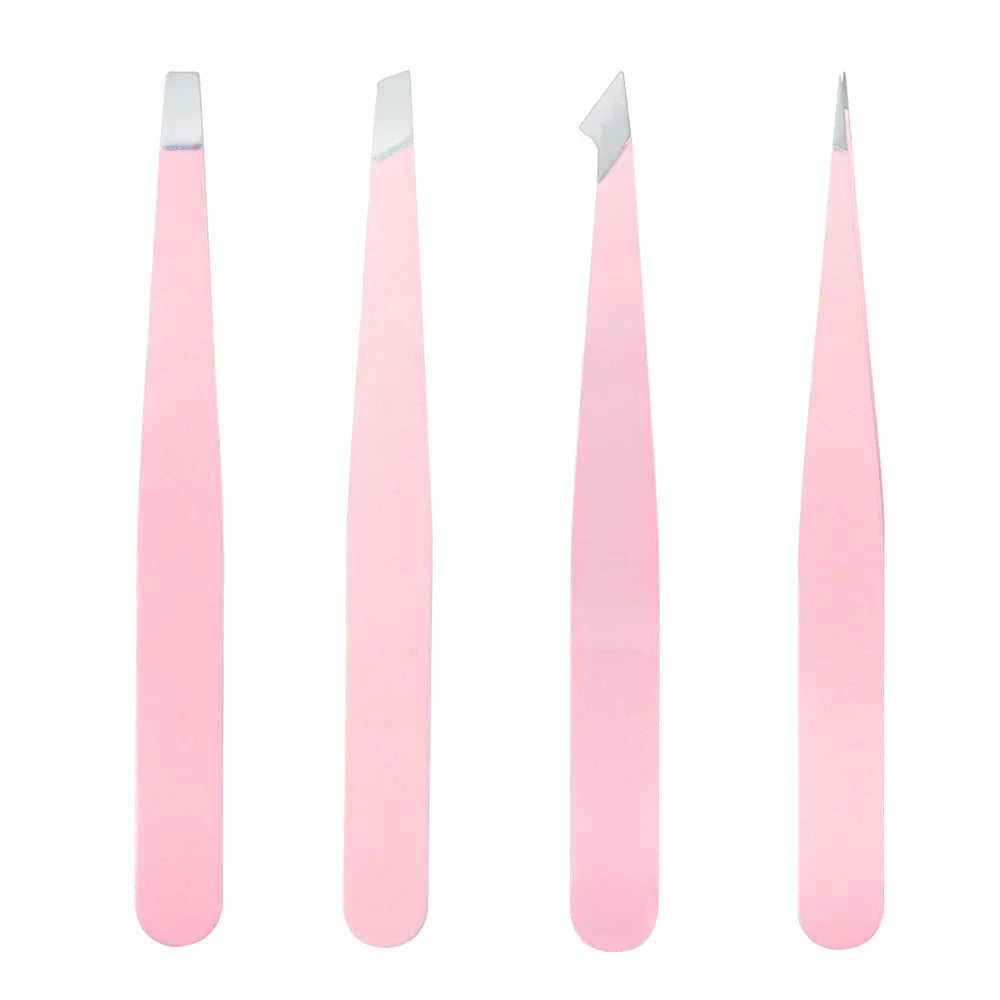 4-Piece Stainless Steel Eyebrow Tweezers Set – 4 Tip Types Eyebrow Tweezers Set QXL M138 Pink