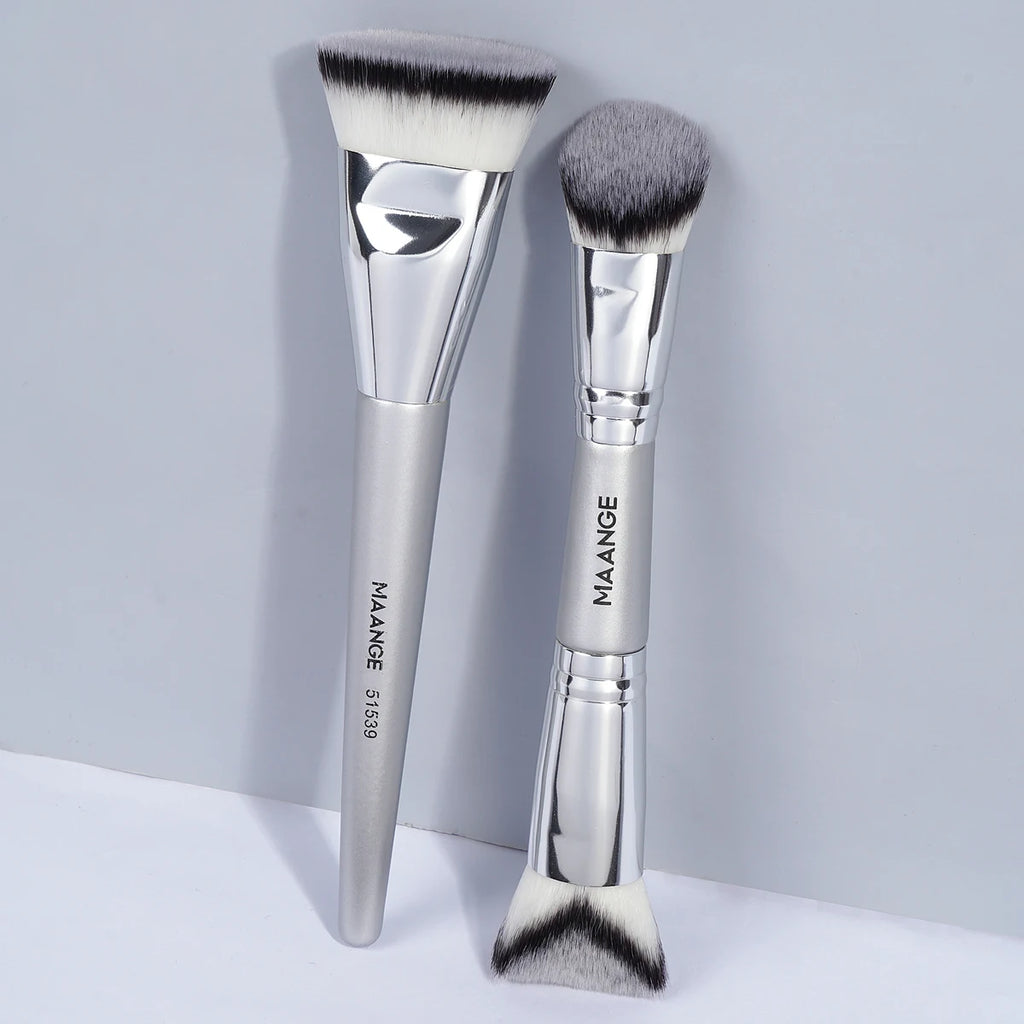 MAANGE 2-Pack Double-Ended Foundation & Contour Brush Set Makeup Brush Set QXL Silver