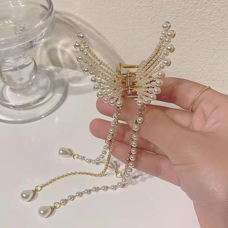 Butterfly Pearl Diamond Hair Claw Clip | Angel Wing Tassel Hair Claw Clip QXL
