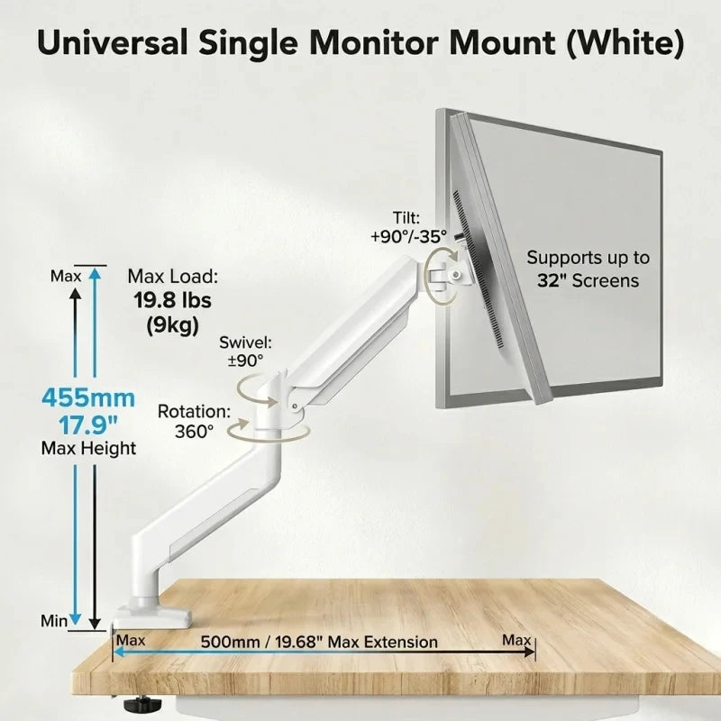 Gas Spring Monitor Arm | Full Motion 13–32" Desk Mount Monitor Arm Mount QXL
