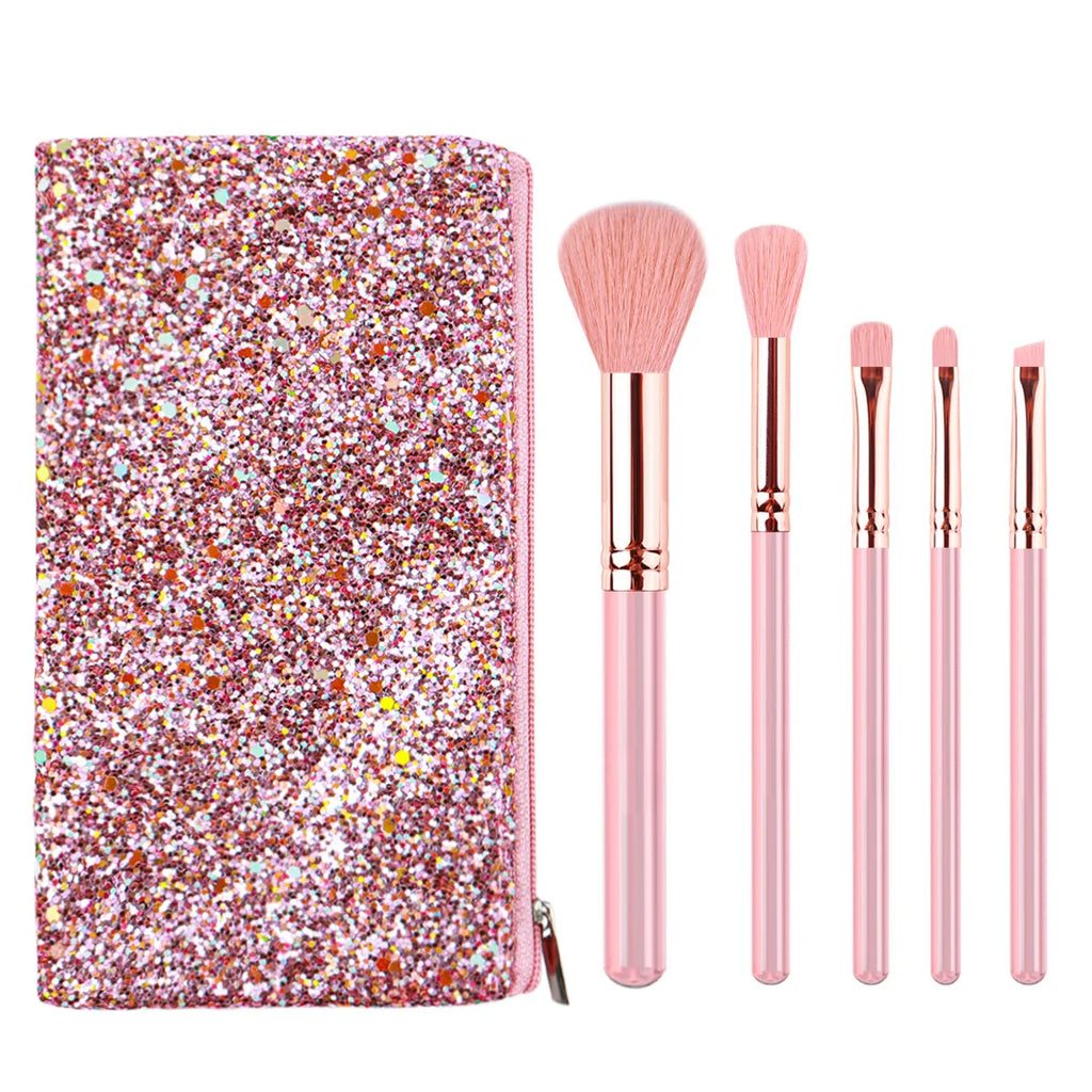 Zoreya 5-Piece Mini Eyeshadow Makeup Brush Set – Pink Handle Makeup Brush Set QXL Pink