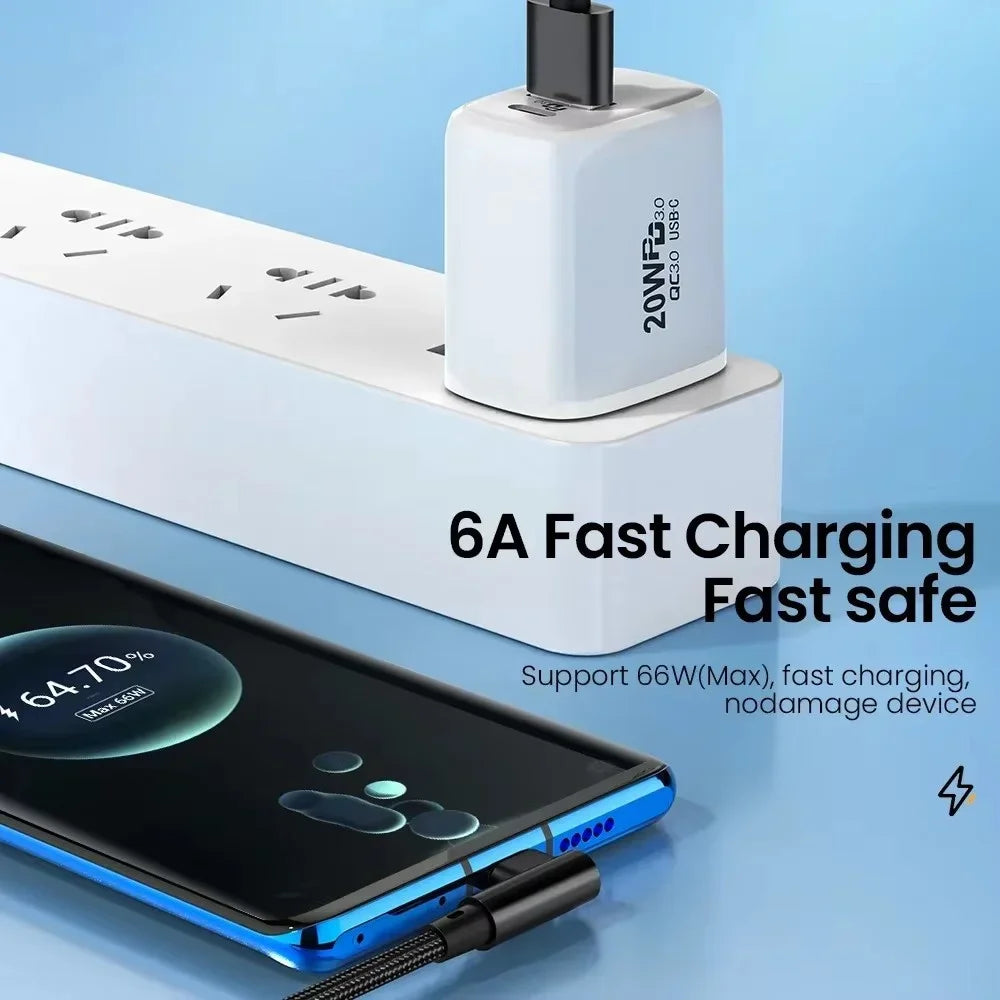 66W 6A 90° Elbow USB-C Fast Charging Cable | 5 Lengths USB-C Charging Cable QXL