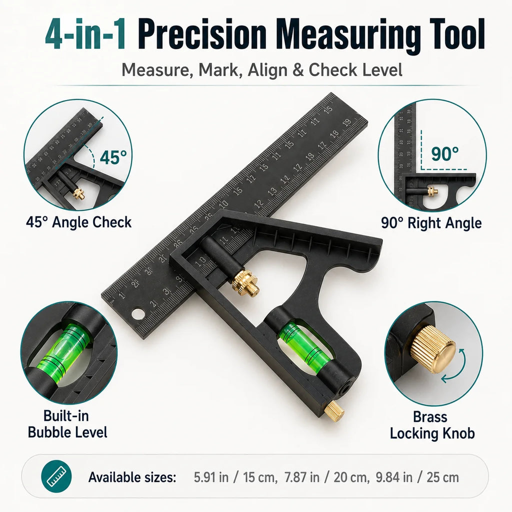 Adjustable Combination Square Ruler | 45° & 90° Bubble Level Combination Square Ruler QXL