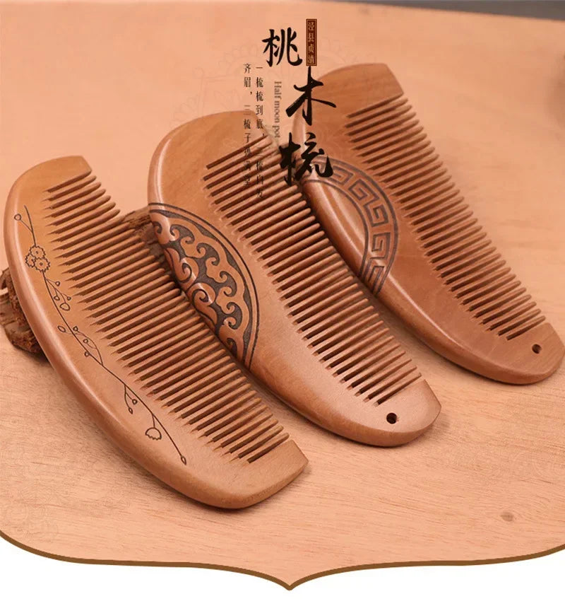 Carved Peach Wood Anti-Static Hair Comb | Gift Idea Wooden Hair Comb QXL