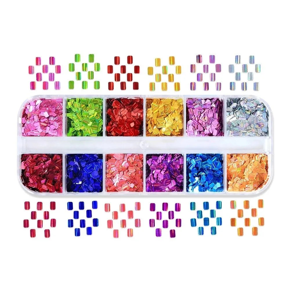 12-Grid Holographic Nail Glitter Sequins – Square Flakes Nail Art Sequins QXL