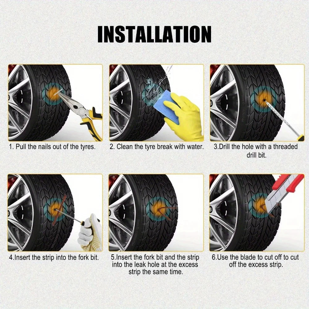 All-in-One Tire Repair Kit: Car Motorcycle Bike Truck Emergency Puncture Plug Tool with Rubber Strips - Roadside & Garage Use QXL
