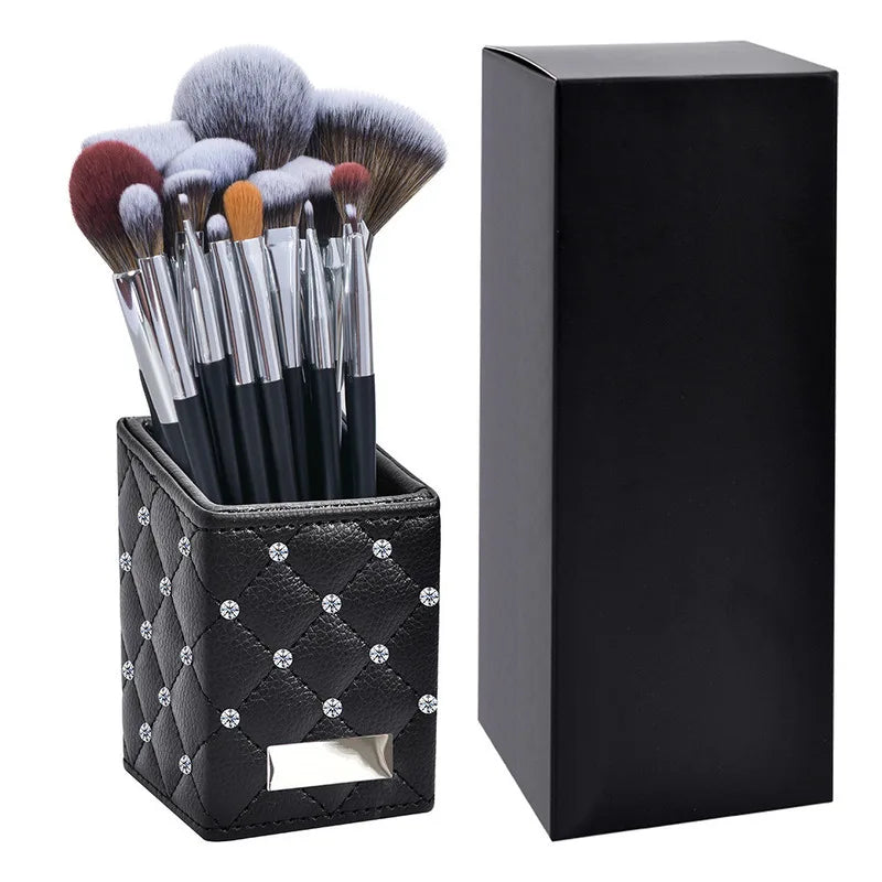 16-Piece Black Makeup Brush Set | Hourglass Handle & PU Case Makeup Brush Set QXL