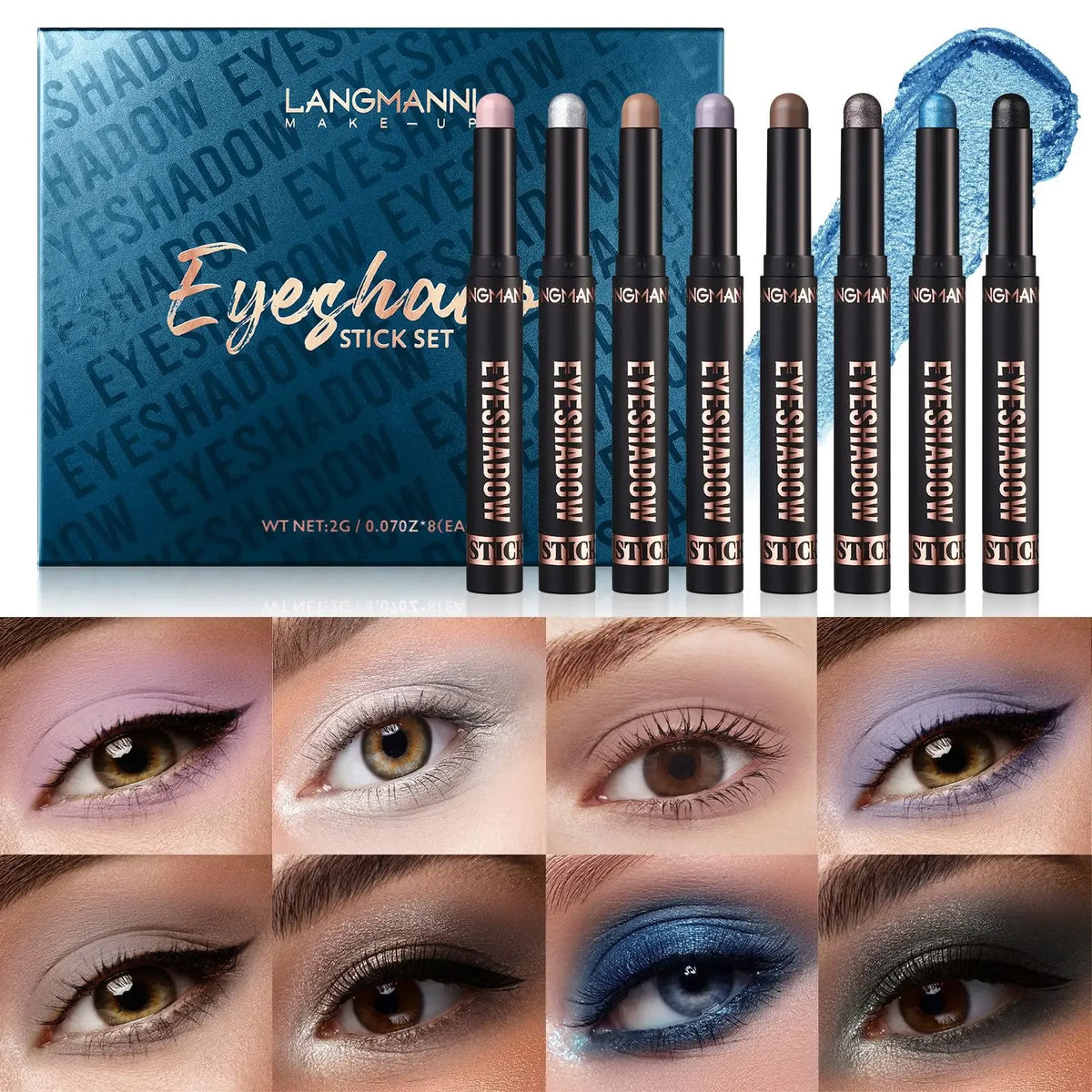 Langmanni Metallic Eyeshadow Sticks 8-Pc Set | 16 Shades Eyeshadow Stick Set QXL