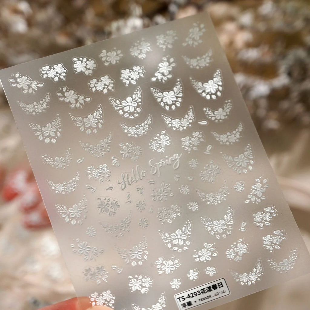 5D White Floral Nail Stickers | Self-Adhesive Spring Decals Nail Art Stickers QXL TS-4293