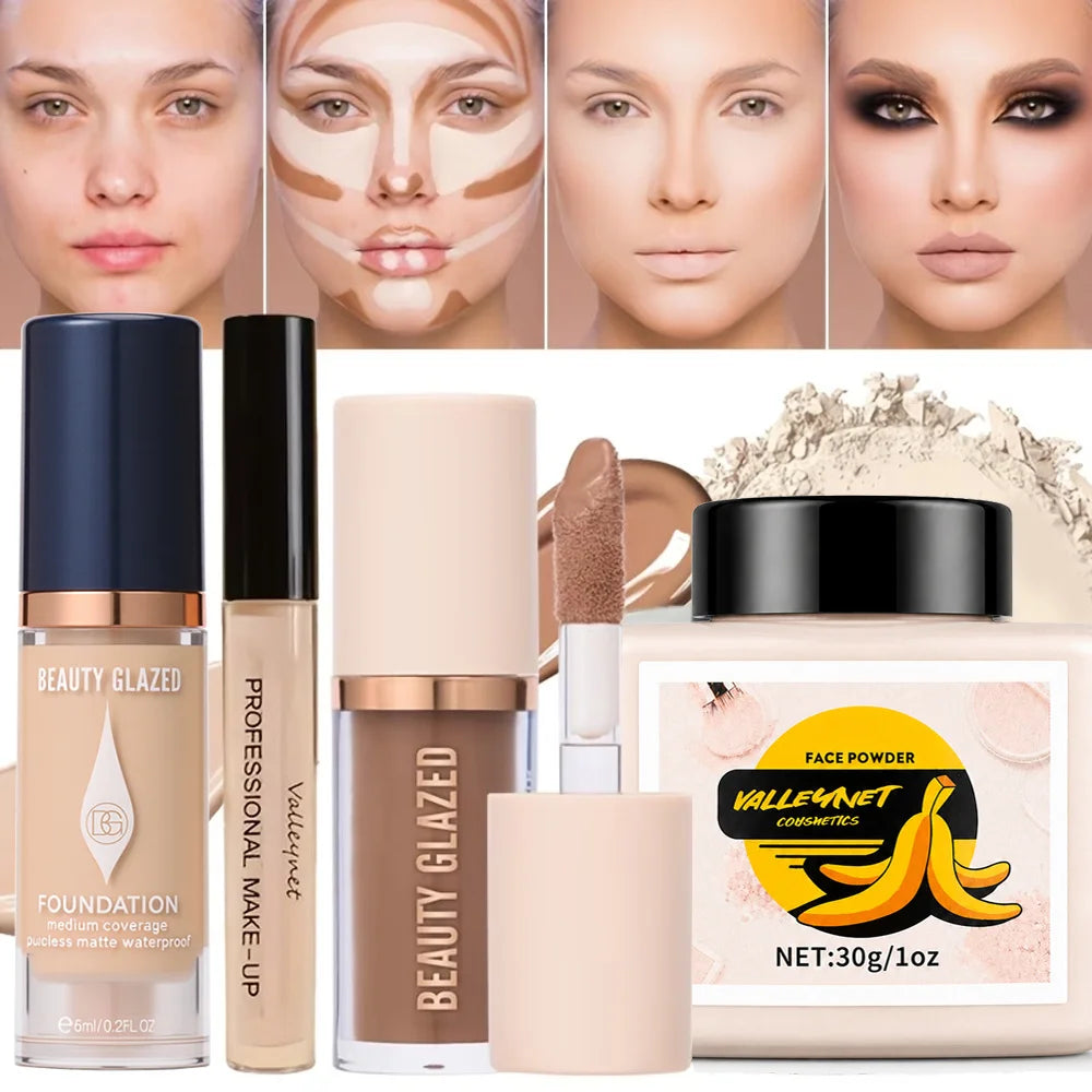 4-Piece Face Makeup Set | Foundation, Concealer, Contour & Powder Face Makeup Set QXL