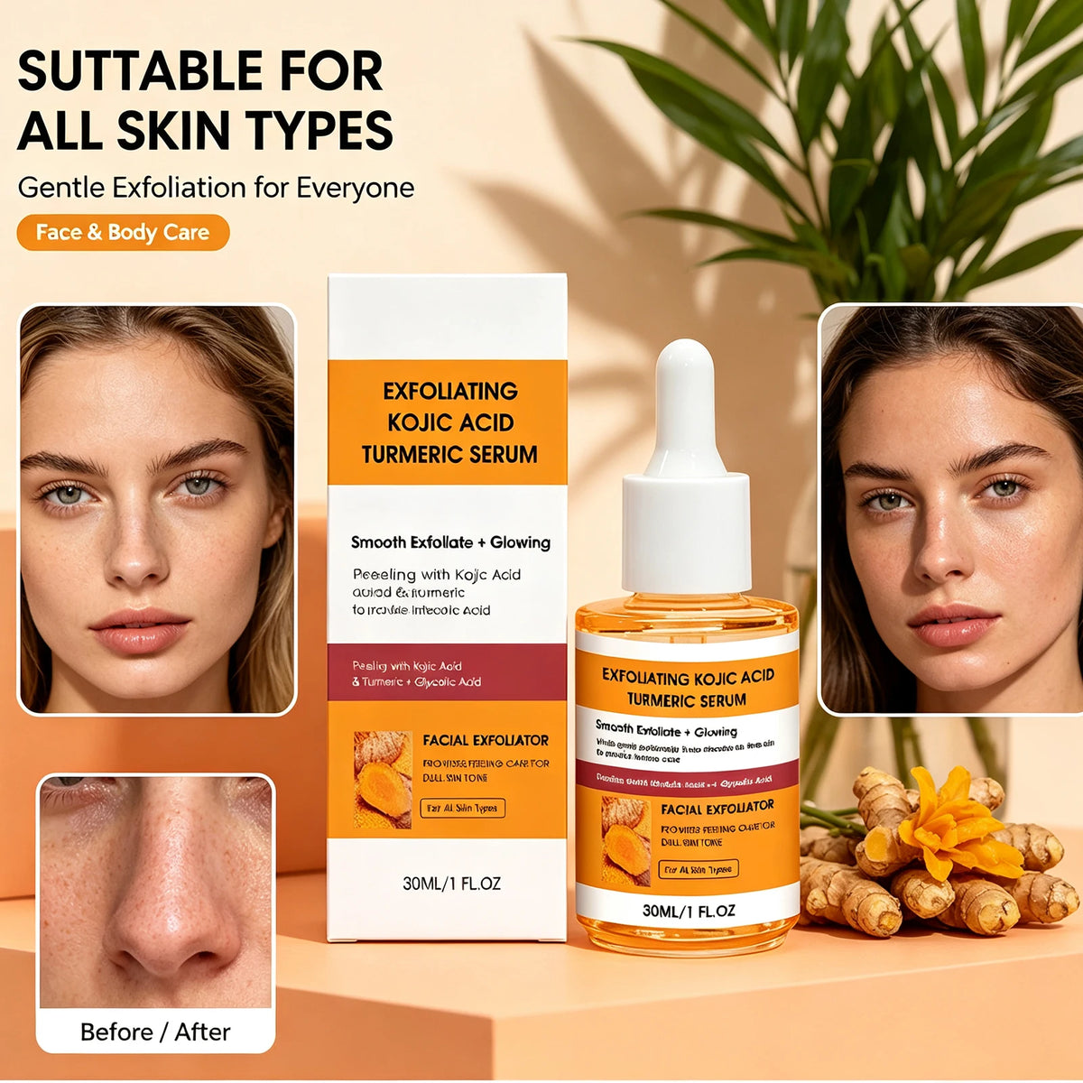 Kojic Acid & Turmeric Exfoliating Brightening Serum 30ml Brightening Face Serum QXL