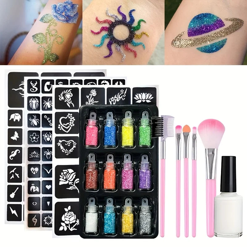 12-Color Temporary Tattoo Glitter Kit | Glue, Brushes & Stencils Body Glitter Kit QXL