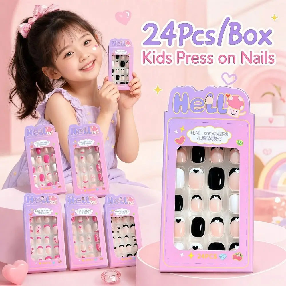 24-Pack Kids Press On Nails | Black Flower French Tip Almond Press-On Nail Set QXL