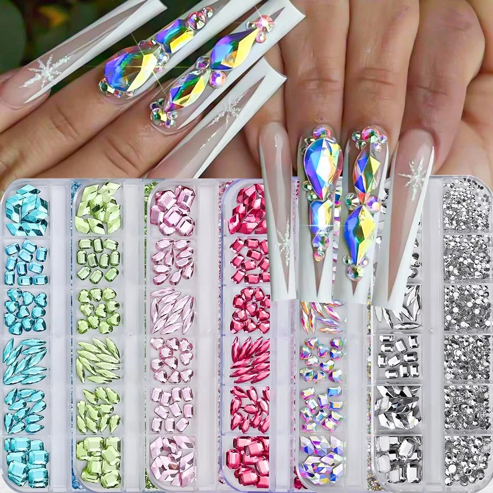 12-Grid 3D Nail Rhinestones | Teardrop & Heart Charms Set Nail Art Rhinestones QXL