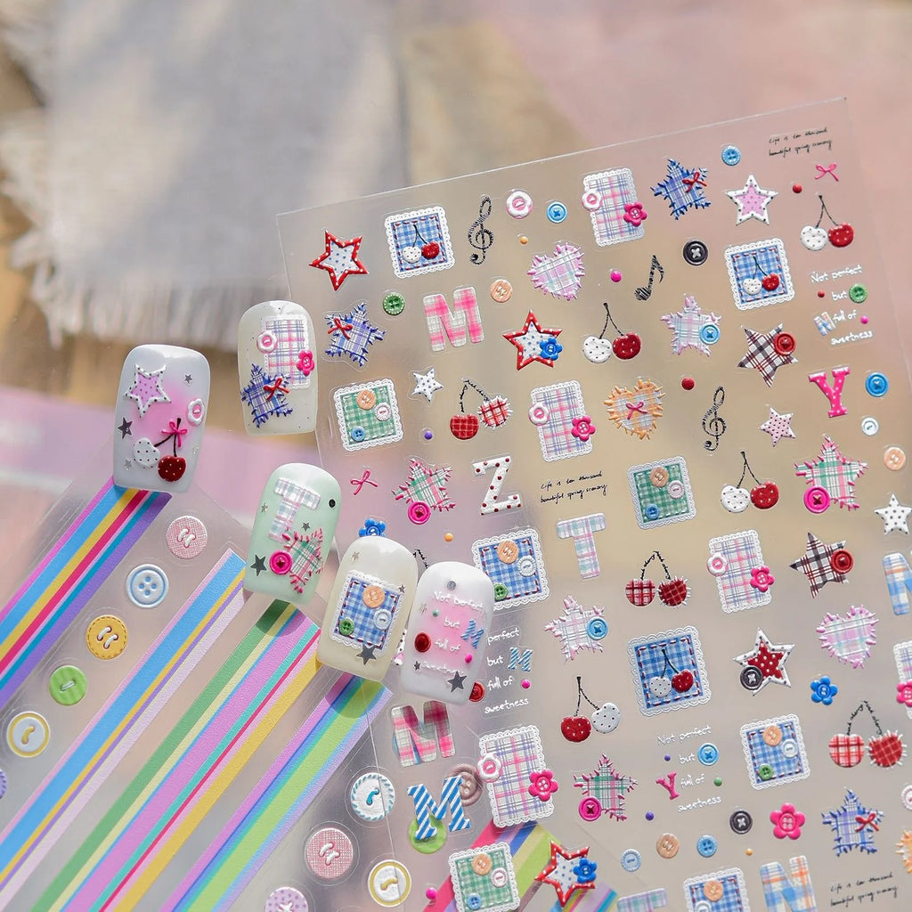 5D Nail Stickers – Plaid, Hearts, Cherries & Star Decals Nail Art Stickers QXL