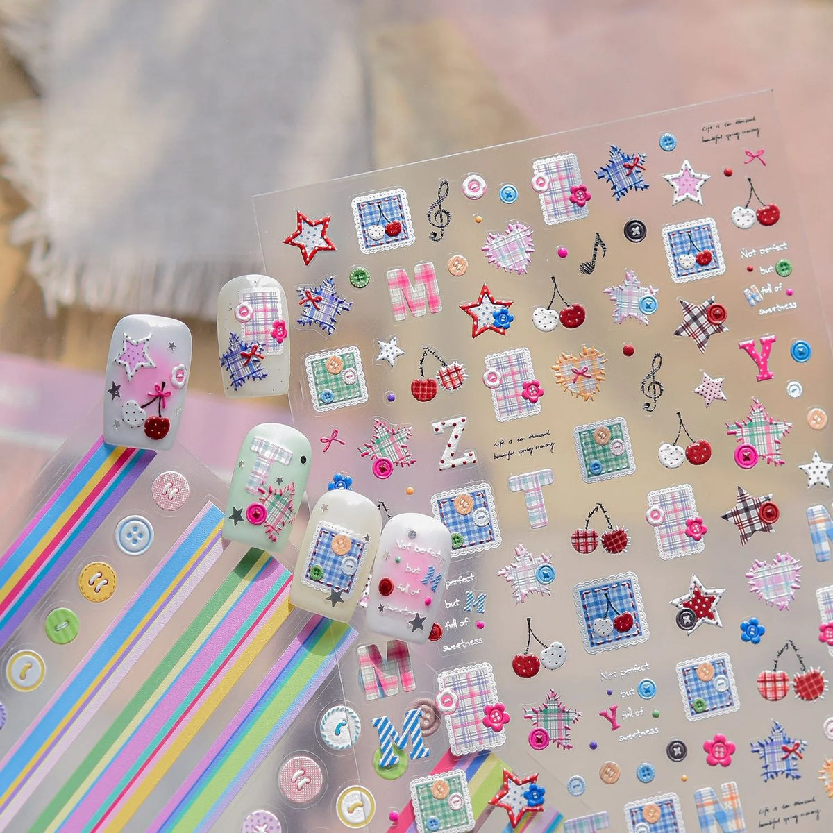 5D Nail Stickers – Plaid, Hearts, Cherries & Star Decals Nail Art Stickers QXL