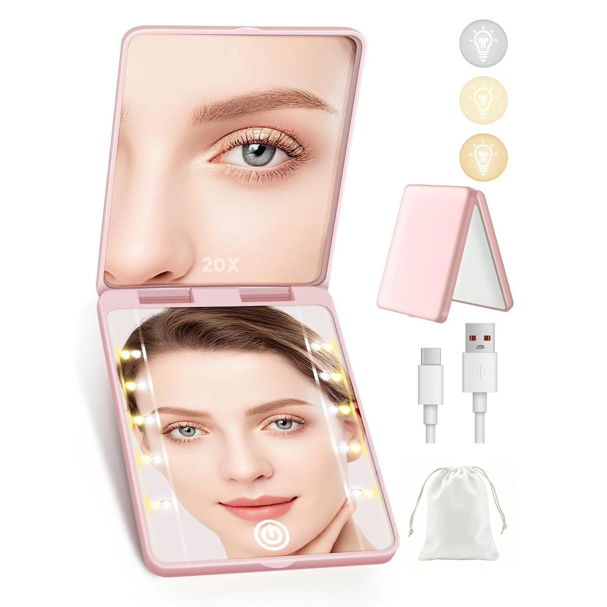 Compact LED Makeup Mirror | 20X Magnifying, 3 Lighting Modes LED Magnifying Mirror QXL Pink 20X